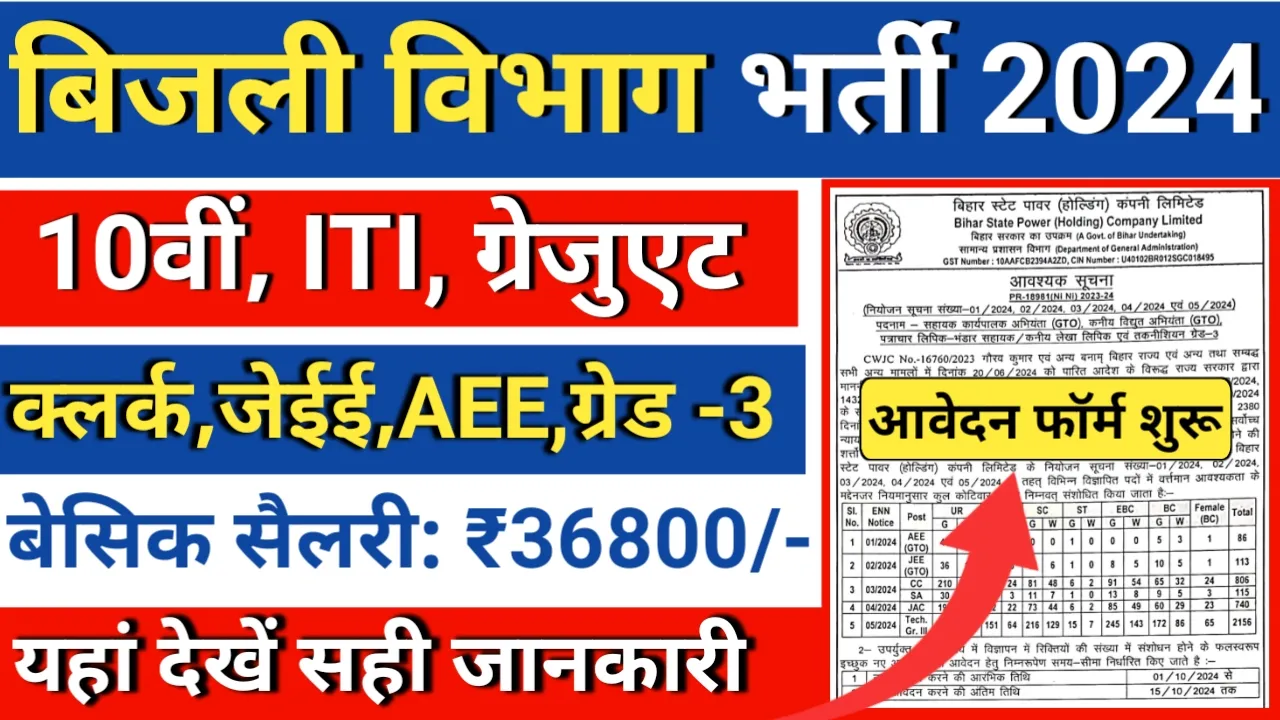 Bijli Vibhag 4016 Recruitment 2024 बिजली विभाग में टेक्नीशियन, क्लर्क, जेईई, ऐईई भर्ती जारी, सैलरी 36000 रूपये